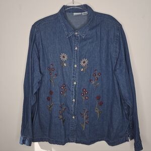 Vintage Cabin Creek Denim Embroidery Button Down Top Size 3X Gingham Cabincore